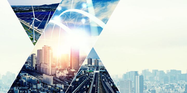 technology, dx, digital transformation, society, transportation, traffic, energy, future, infrastructure, industry, business, collage, banner, advertising, city, road, network, communication, construc