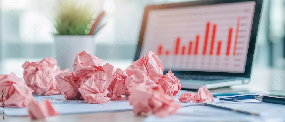 Aufkleber crumpled financial sheets scattered on desk, with laptop displaying bar graph in background. scene c
