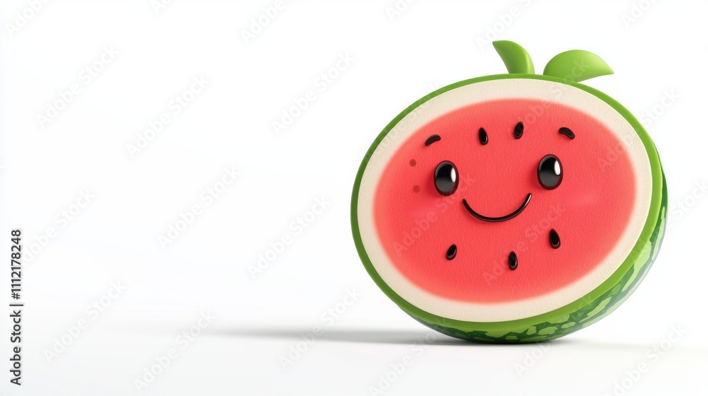 Poster cute smiling watermelon slice on a white background with minimal design
