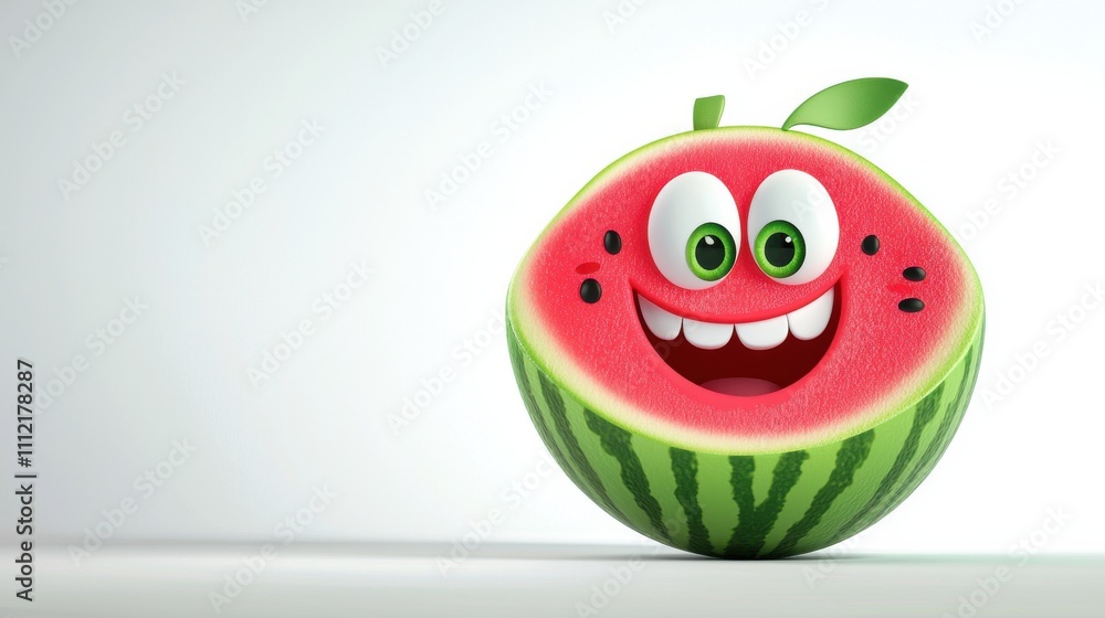 Poster smiling watermelon slice with cartoon face in minimal studio setting