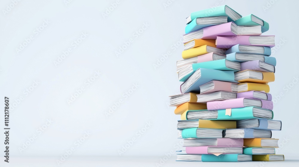 Poster stacked colorful books on a white background with ample copy space