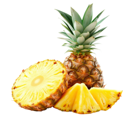 Whole pineapple with slice and half piece, isolated on transparent cutout background