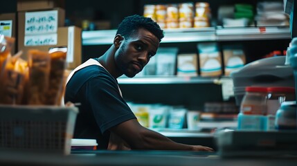 Fototapeta premium Young Black male shopkeeper in a dimly lit store, focused on his task.