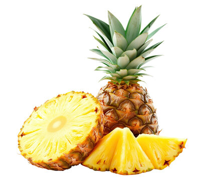 Whole pineapple with slice and half piece, isolated on transparent cutout background