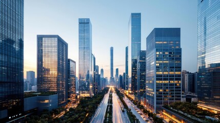 Modern city skyline with skyscrapers at dusk, showcasing urban architecture and design.