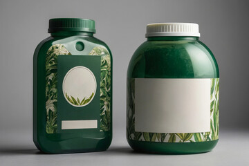 Two green containers with white labels, eco-friendly cleaning product, natural washing gel.