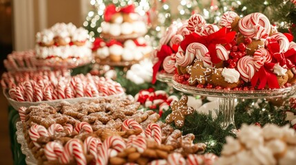 Fototapeta premium A close-up of a festive dessert table fille A Christmas dinner table with a roasted turkey A vibrant Christmas tree surrounded by cand