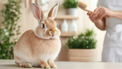 fluffy rabbit receiving gentle brush in spa like setting, surrounded by greenery, creates serene and calming atmosphere