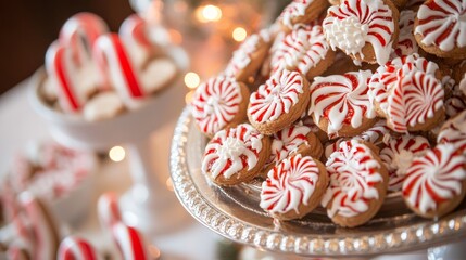 A frosted white cake with red berries and A festive tray with mugs of hot chocolate A cozy holiday table set with plates glasse