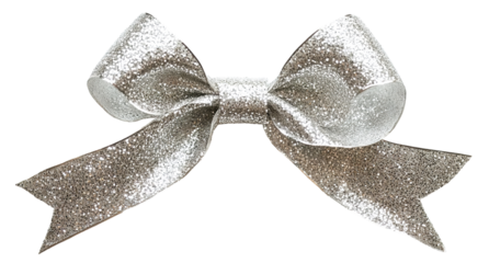 Elegant silver glitter bow with shining texture, isolated on transparent cutout background
