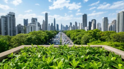 City skyline with lush greenery in the foreground against a bright blue sky.