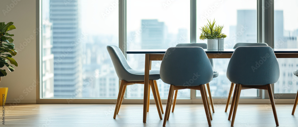 Poster modern dining table set with angular chairs and city view. glass top table complements stylish desig