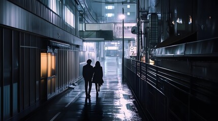 Silhouetted couple walking through a dimly lit urban alley at night.