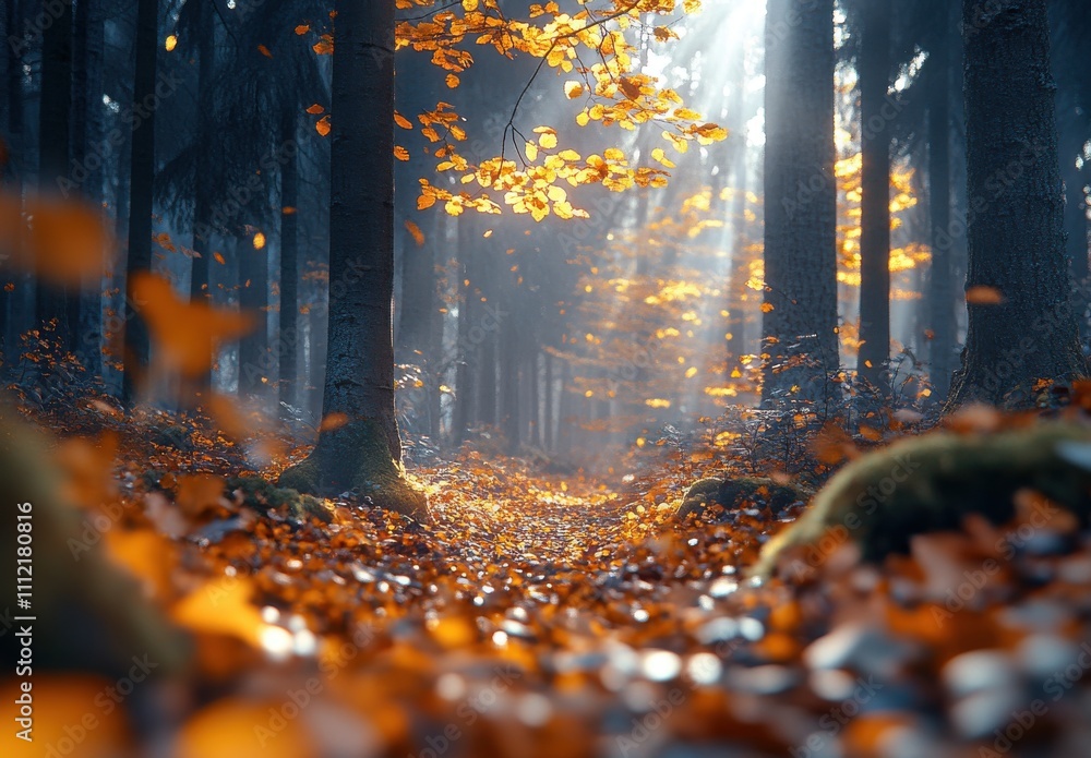 Poster serene autumn forest pathway with sunlight filtering through golden leaves and misty air creating a 