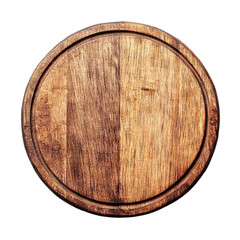 Rustic wooden round board with natural texture, isolated on transparent cutout background