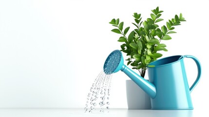 Obraz premium Watering a Lush Green Houseplant with a Turquoise Watering Can in a Bright Indoor Setting