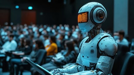 Ai teacher lectures in front of large screen with blurred audience