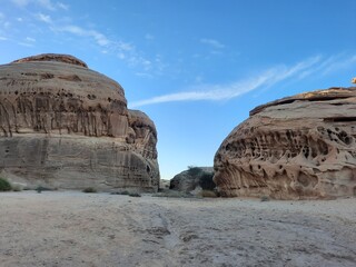 A beautiful view of thousands of years old rocks in the archaeological area of ​​AlUla, Madain...