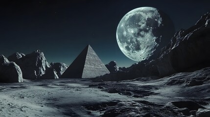 Mysterious moonlit pyramids on an alien landscape under a vast, luminous full moon.