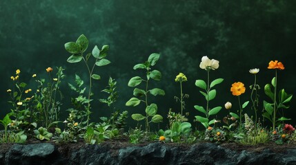 Vibrant Wildflowers Bloom Along Dark Green Background