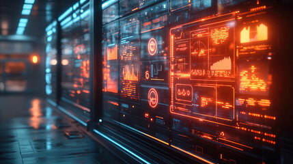 Obraz premium Futuristic digital control room with glowing data displays and interactive graphs at night. Generative AI