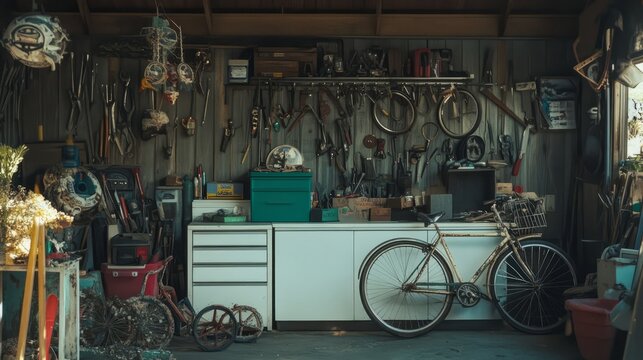 A cluttered workshop with scattered tools w abb