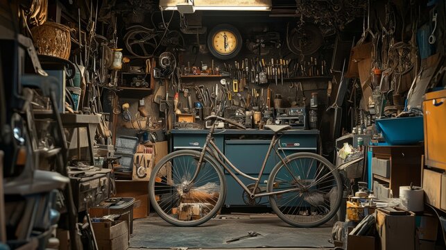 A cluttered workshop with scattered tools w abb
