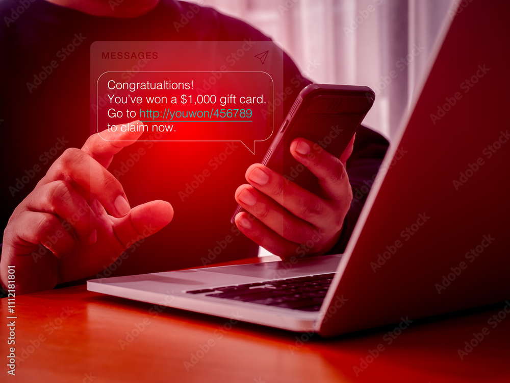 Poster sms spam, fake text message phishing from scammer concept. spam text messages, winning congratulatio