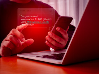SMS spam, fake text message phishing from scammer concept. Spam text messages, Winning...