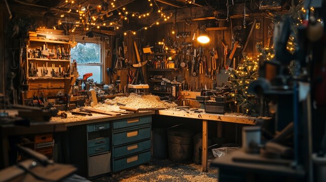 A cluttered workshop with scattered tools w abb