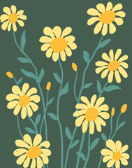 Yellow cosmos flowers collection. Flower set on green background. Floral elements for graphic. Artwork for sticker, poster, postcard. Flat design. Botanical. Background vector.