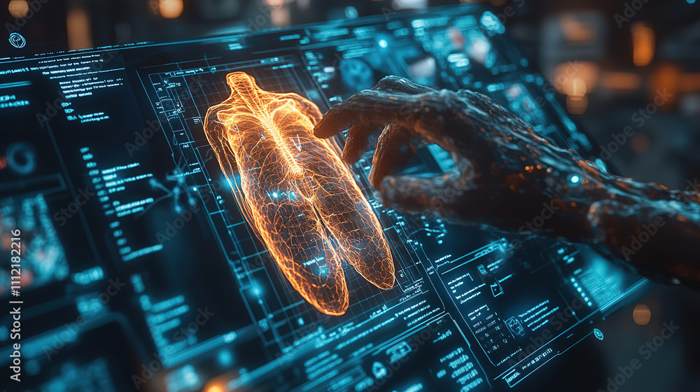 Poster advanced technology enables detailed analysis of human lungs and respiratory system in a futuristic 