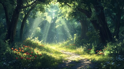 Sunlit Path Through A Lush Green Forest With Flowers