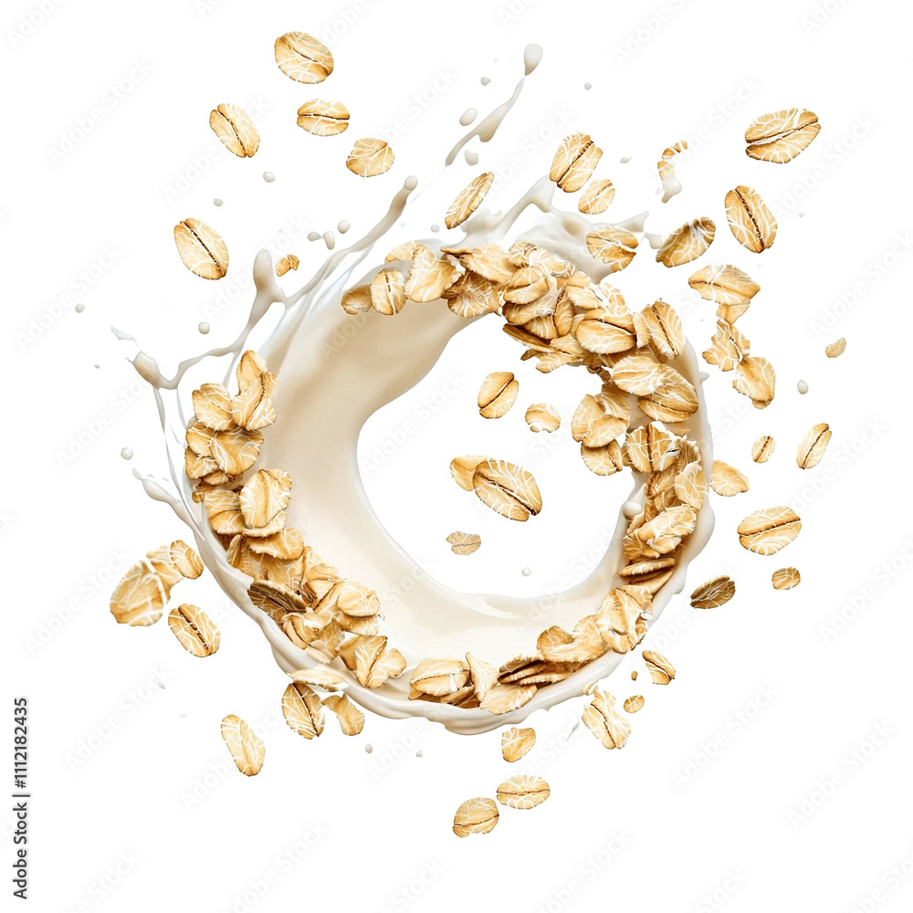 Poster flying oats with milk splash, creating dynamic motion, isolated on transparent cutout background