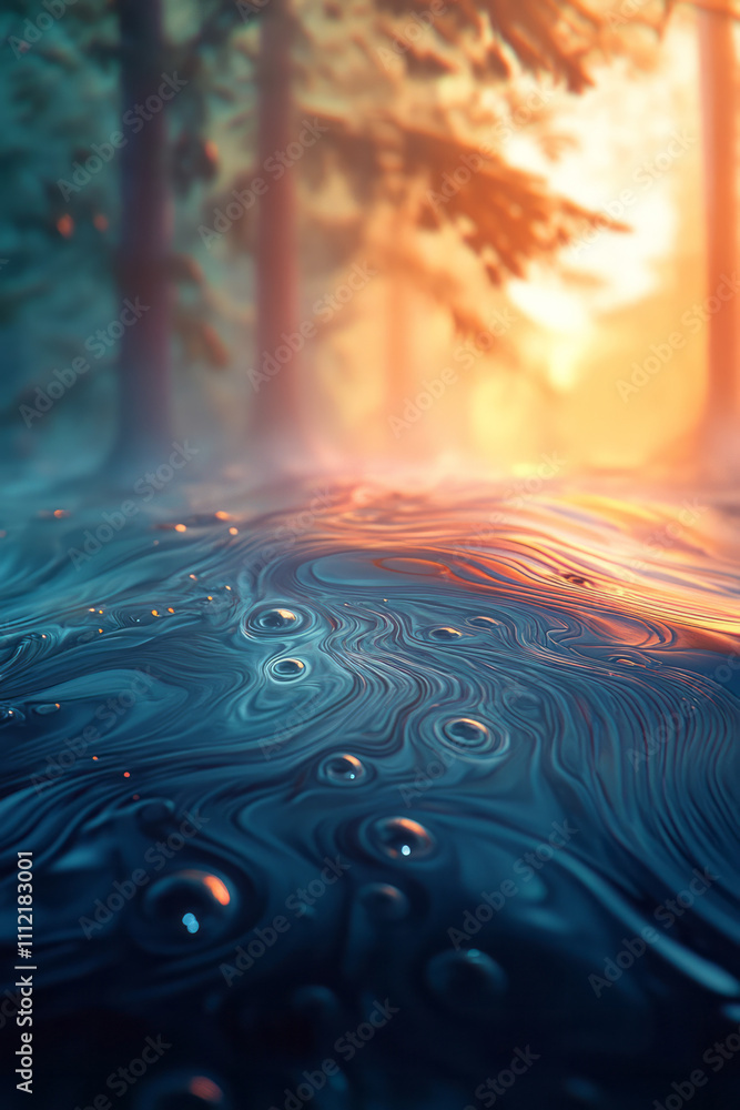 Poster a raindrop in the forest with a sun shining through the trees