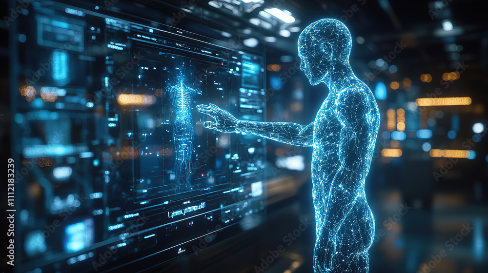 Aufkleber digital human interacts with holographic interface in futuristic laboratory setting. generative ai