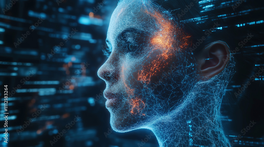 Aufkleber digital representation of a woman's face surrounded by glowing data streams in a futuristic environm