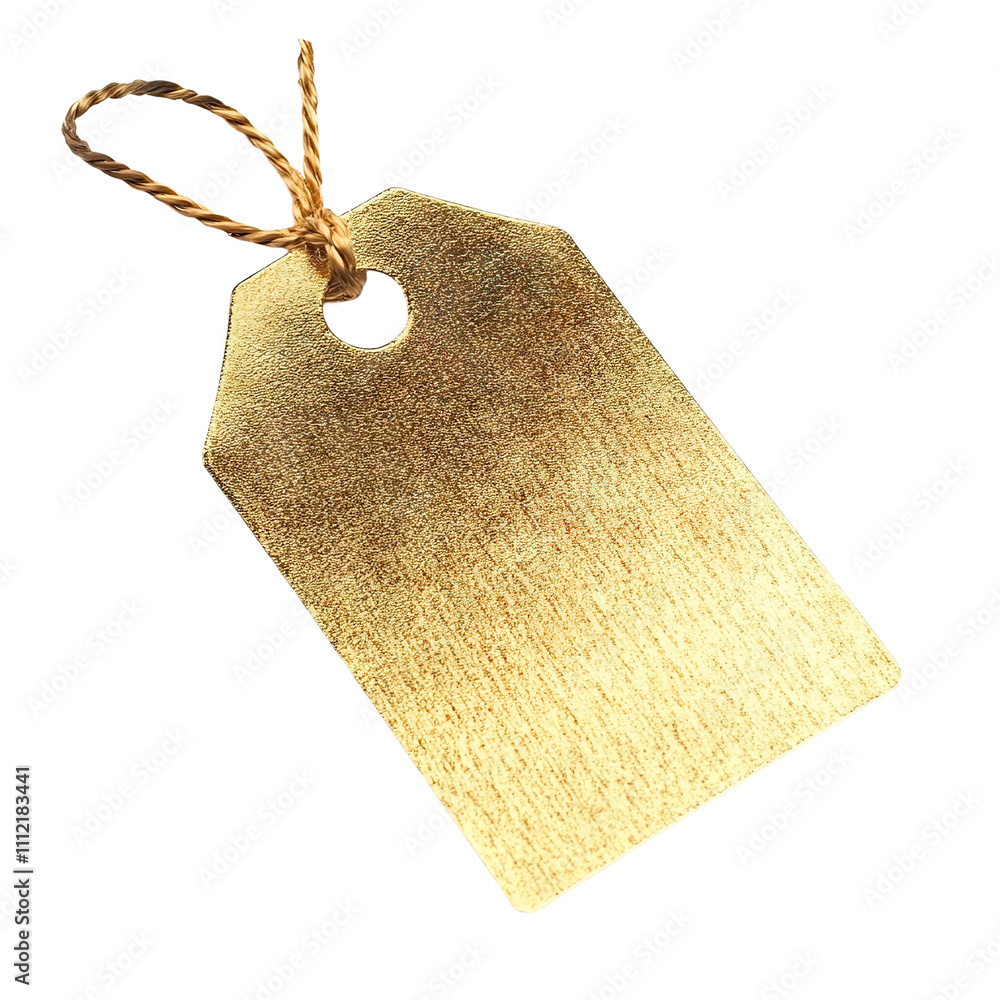 Poster golden gift tag with textured surface and twisted string, isolated on transparent cutout background