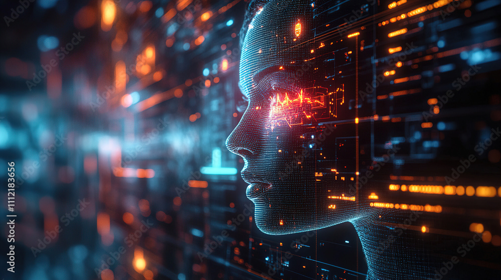 Poster futuristic profile of a woman with glowing digital elements representing technology and innovation i