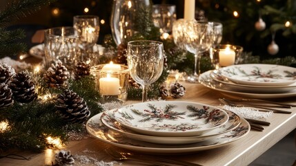A frosted white cake with red berries and A festive tray with mugs of hot chocolate A cozy holiday table set with plates glasse