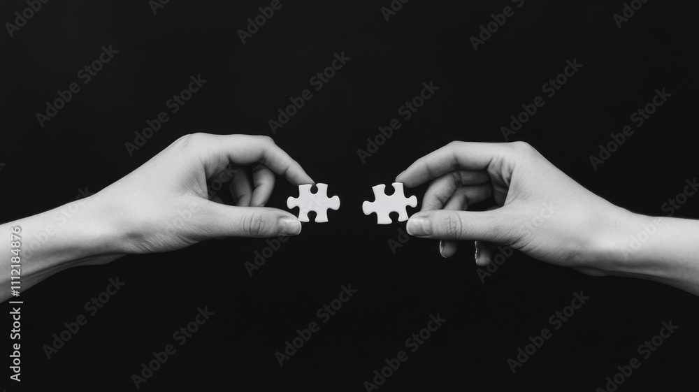 Poster pair of hands holding two puzzle pieces, symbolizing connection and unity. contrasting black backgro