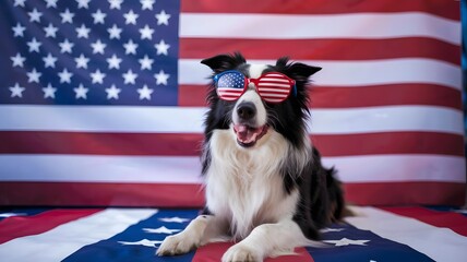 Playful Dog in Sunglasses Against the USA Flag for Fourth of July