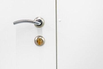 metal handle on a white closed door. Modern interior