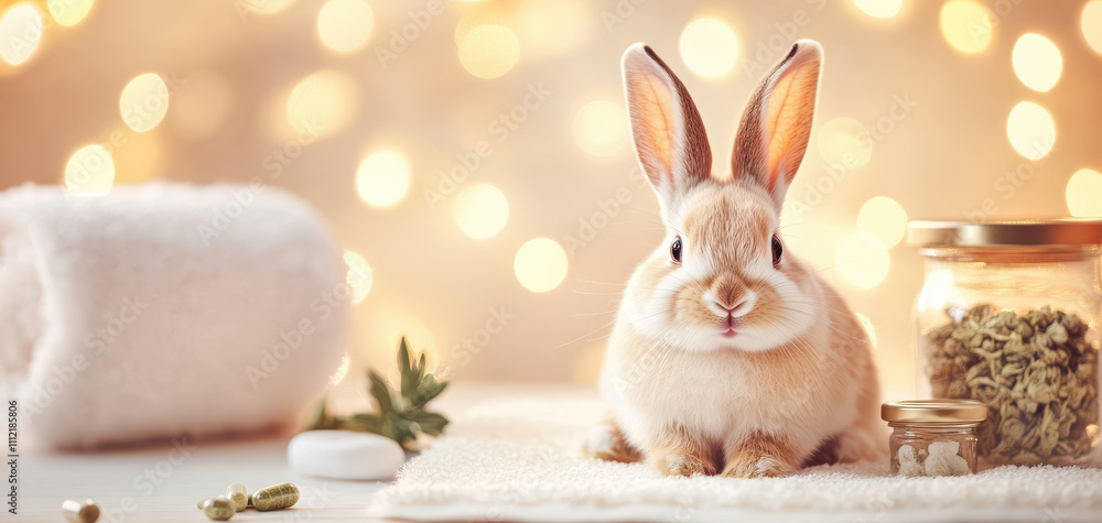 Poster pampered rabbit surrounded by spa tools, creating serene atmosphere. soft textures and warm lights e