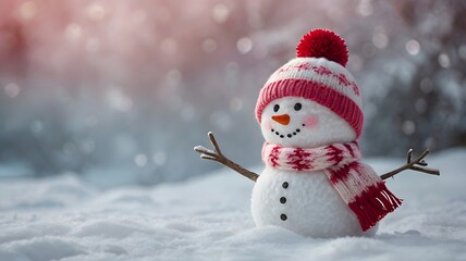 Fototapeta premium Snowy Scene Magic: Cheerful Snowman in Pink Hat and Scarf