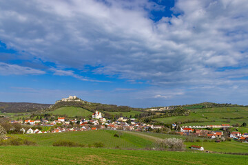 Obraz premium Falkenstein ruins and town with vineyard, Lower Austria, Austria
