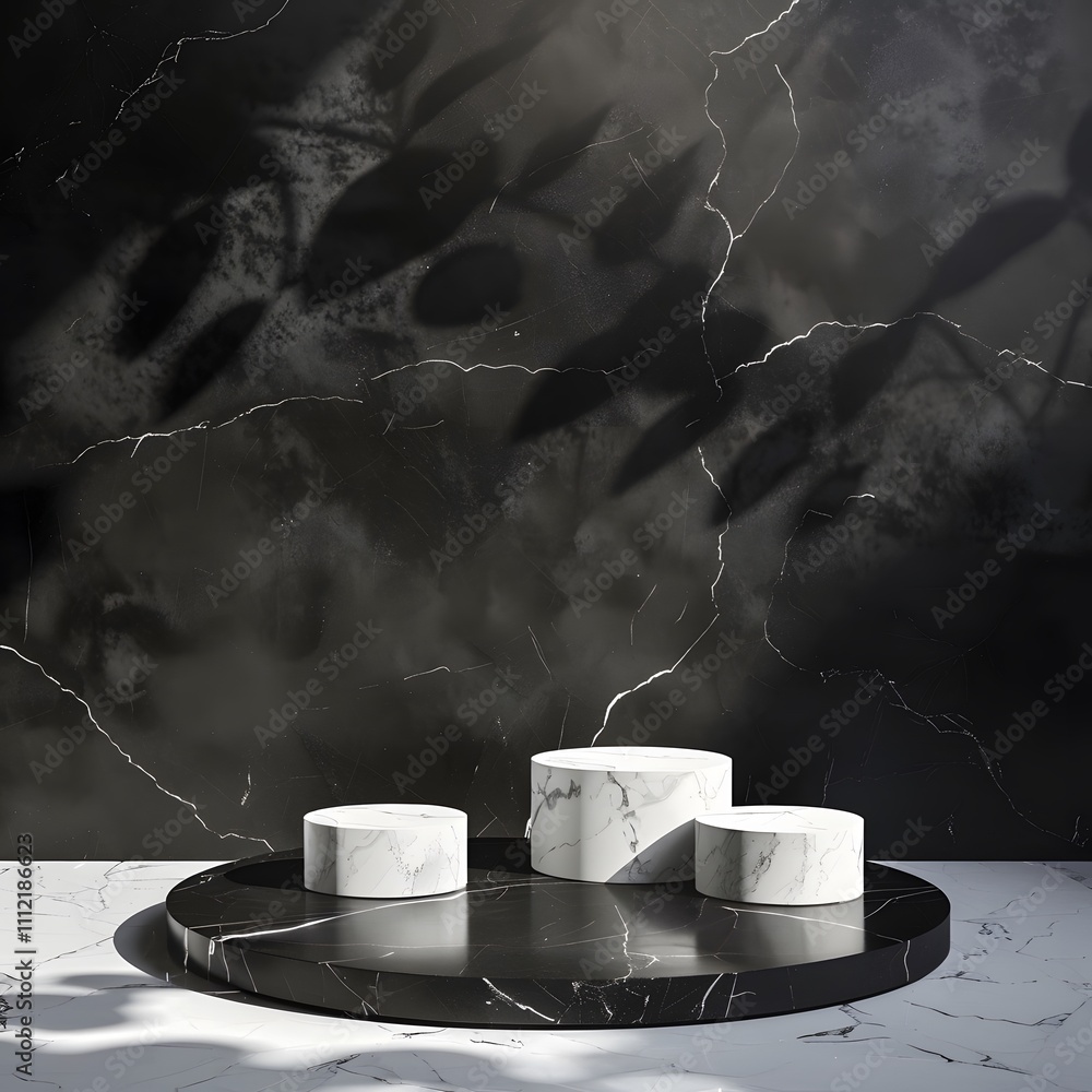 Poster a minimalist display featuring marble objects on a black surface with shadow patterns.