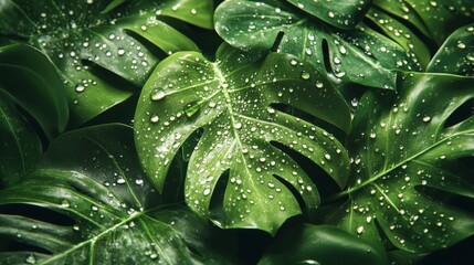 Fototapeta premium Lush Green Monstera Leaves Glistening With Dew Drops