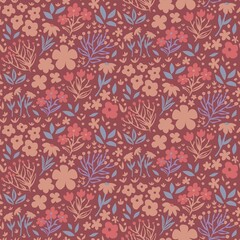 seamless ditsy pattern of colorful flower garden in maroon color