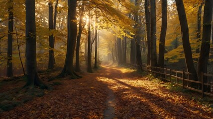 Beautiful Autumn Path in Tranquil Forest with Warm Sunlight and Colorful Leaves